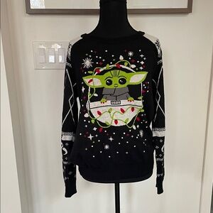 Star Wars Black Christmas Sweater with Green and White Baby Yoda Design size XL